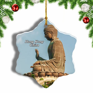 China Tian Tan Buddha Hong Kong Christmas Ornament 3 Inches Snow