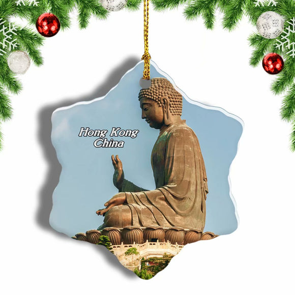 China Tian Tan Buddha Hong Kong Christmas Ornament 3 Inches Snow