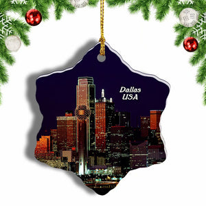 America USA Dallas Skyline Christmas Ornament 3 Inches Snow