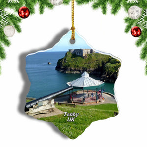 UK England Castle Beach Tenby Christmas Ornament 3 Inches Snow