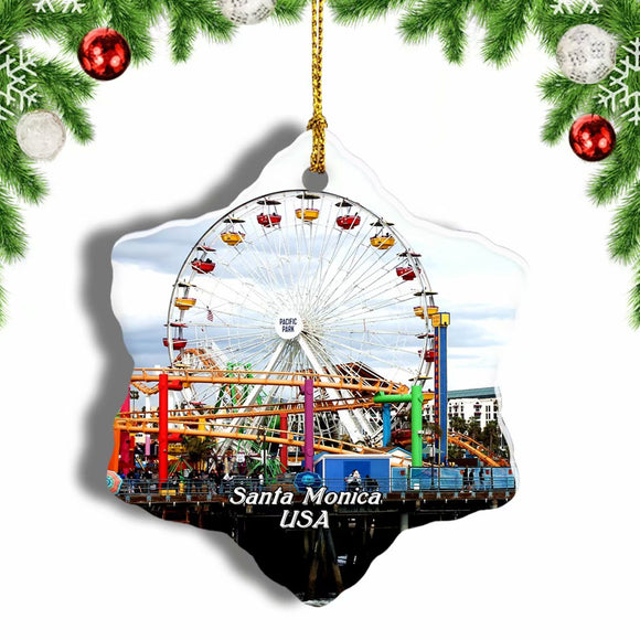 USA America Santa Monica Pier Christmas Ornament 3 Inches Snow