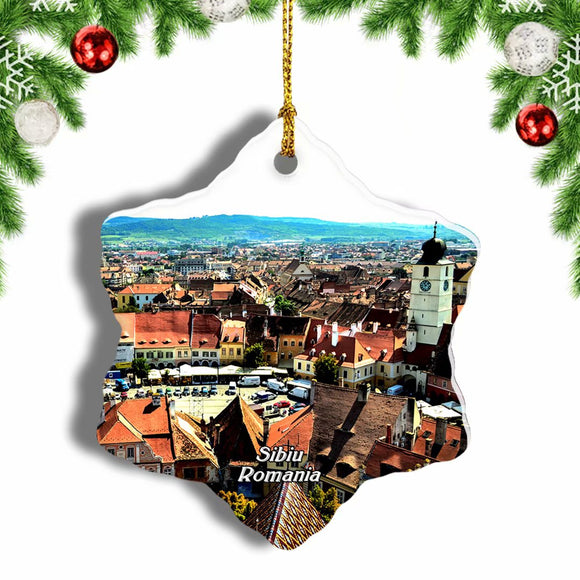 Romania Sibiu Big Square Christmas Ornament 3 Inches Snow