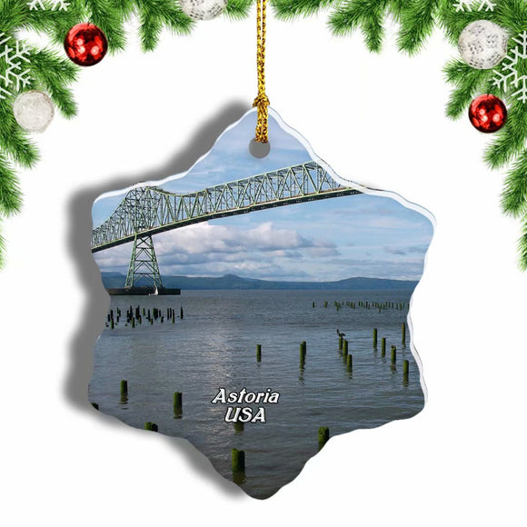 America USA Astoria Megler Bridge Christmas Ornament 3 Inches Snow