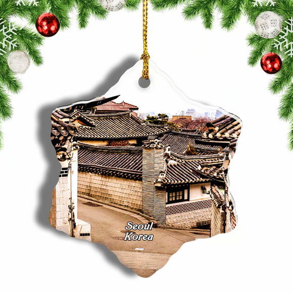 Bukchon Hanok Village Seoul Korea Christmas Ornament 3 Inches Snow