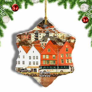 Norway Bryggen Hanseatic Wharf Bergen Christmas Ornament 3 Inches Snow