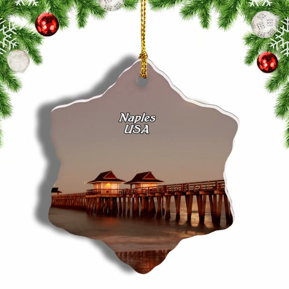 USA America Naples Pier Christmas Ornament 3 Inches Snow