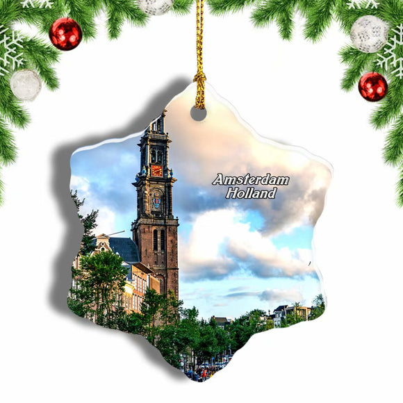 Netherlands Holland Amsterdam Canal Westerkerk Clock Tower Christmas Ornament 3 Inches Snow