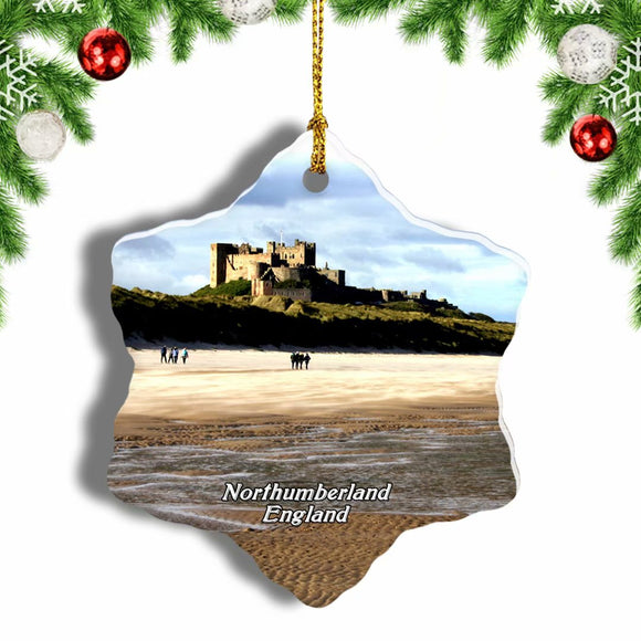 UK England Bamburgh Castle Coast Beach Northumberland Christmas Ornament 3 Inches Snow