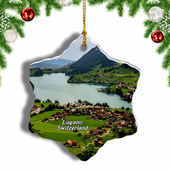 Switzerland Lake Lugano Christmas Ornament 3 Inches Snow