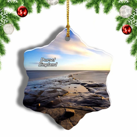 UK England Dorset Bay Sunset Coast Christmas Ornament 3 Inches Snow