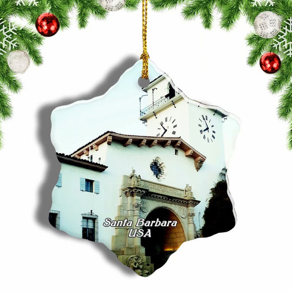 USA America Santa Barbara County Courthouse Christmas Ornament 3 Inches Snow