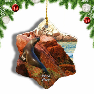 Sea ??Lions Pisco Islands Peru Christmas Ornament 3 Inches Snow