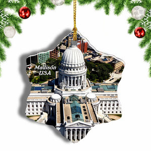 USA America Wisconsin State Capitol Madison Christmas Ornament 3 Inches Snow