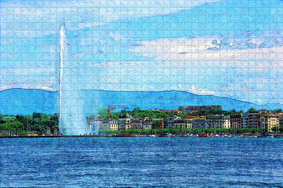 Switzerland Jet Fountain Lake Geneva Jigsaw Puzzle Wooden 1000 Piece